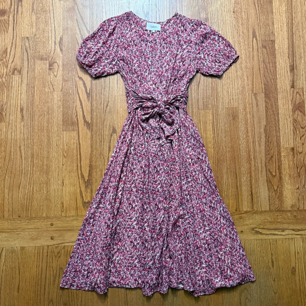 Ba&sh Noemie Fuchsia Floral Short Sleeve Wrap Midi Dress in size 4 - Picture 4 of 16